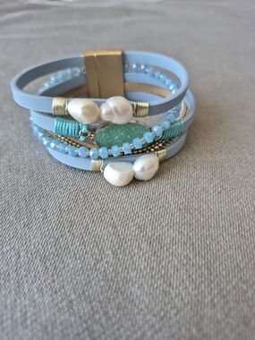 Blue Multi-Strand Pearl & Bead Wrap Bracelet